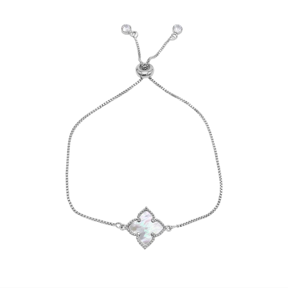 White Mother of Pearl Flower Adjustable Bolo Bracelet Silver #8